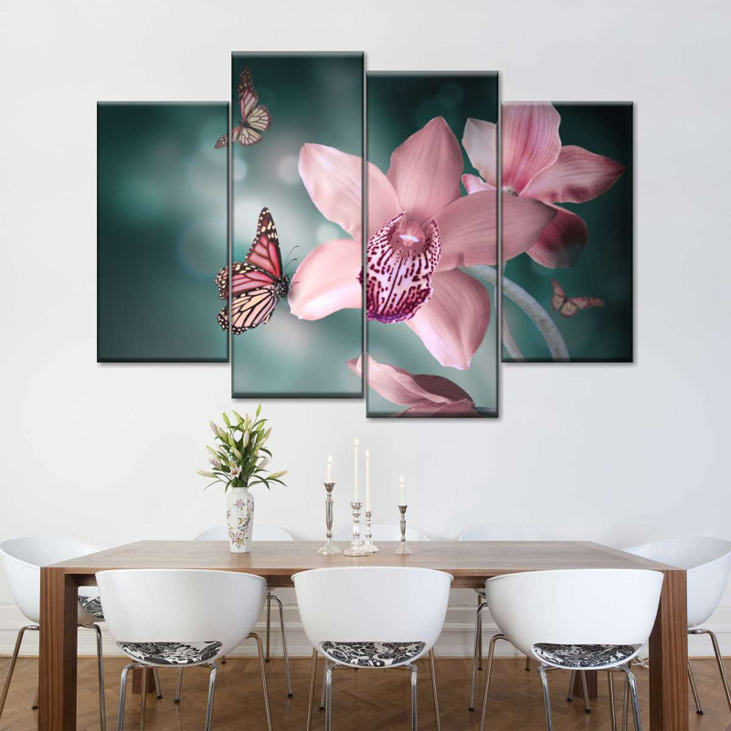 Ensemble 4 pièces papillon orchidée sur toile, H 22 po x l 36 po x P 1 po
