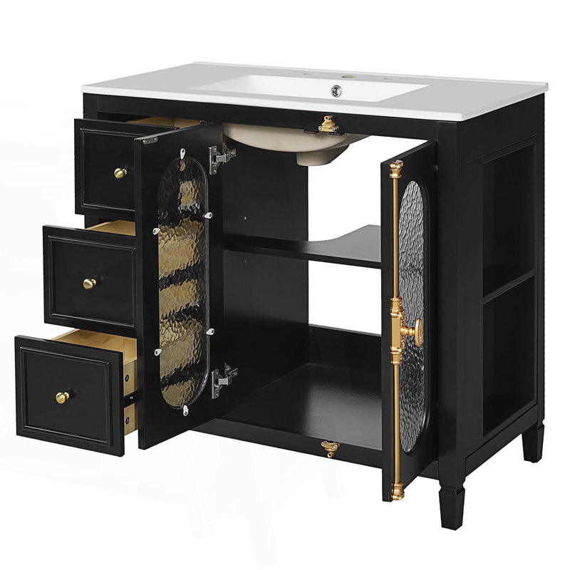 Meuble-lavabo de salle de bain avec 2 portes à fermeture douce, armoire de rangement moderne avec 3 tiroirs, Noir