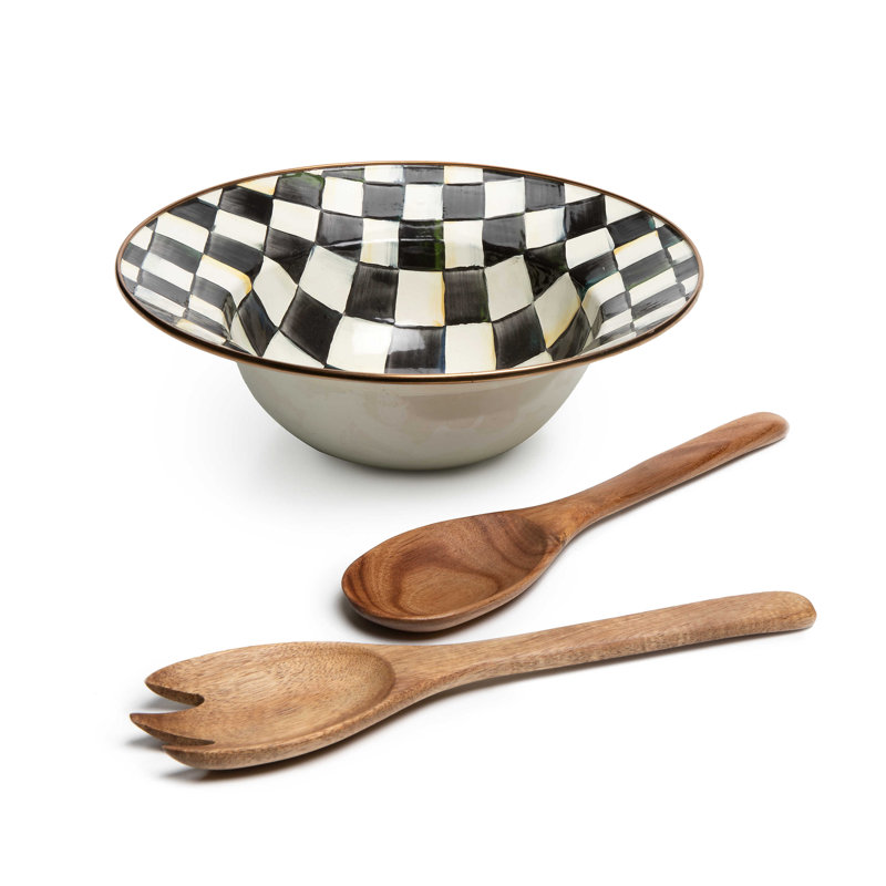 Black and White Checkered Enamel Salad Serving Set with Acacia Wood Servers