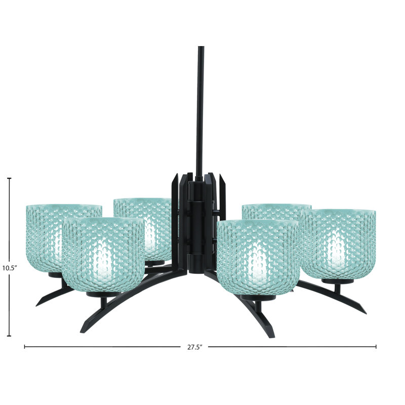 Lustre lumineux avec verre texturé turquoise de 6 po, H 58,25 po x l 27,5 po x P 27,5 po, Noir mat, 6