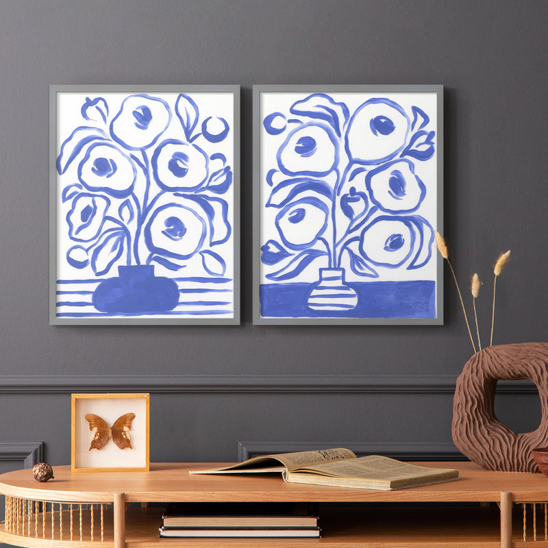 «Blue Brush Flowers I», reproduction encadrée de qualité supérieure - prête à être accrochée - aucun clou requis - aucun clou requis