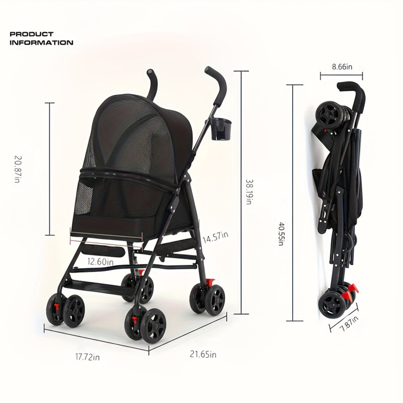 Poussette de voyage pliable pour animaux de compagnie - transporteur en maille léger avec roues pivotantes à 360 °, pliage facile en un clic, porte-gobelet et freins de sécurité - Poussette pour animaux de petite / moyenne taille, noir