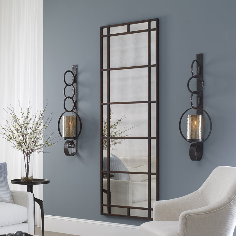 Falconara Rustic 39'' Distressed Rust Brown Metal Wall Sconce with Antiqued Mercury Glass Hurricane