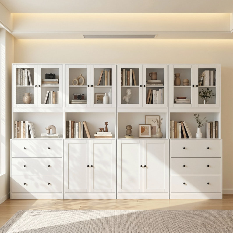Bibliothèque à livres, bibliothèque moderne à 5 niveaux avec 3 grands tiroirs et porte en verre (2A + 2B), Blanc