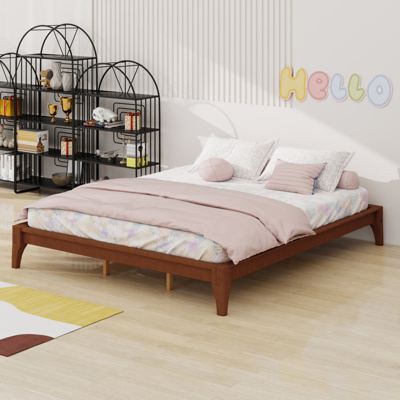 Base de lit plateforme en bois de bambou sec massif avec support en lattes de bois, Brun