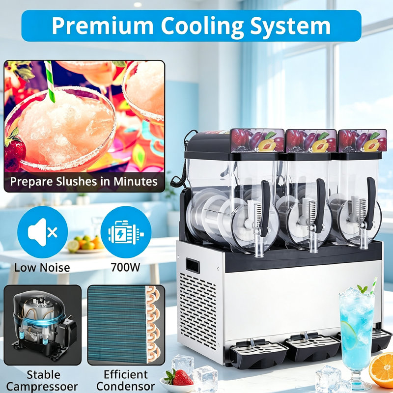 3x15L Commercial Slush Machine – Low-Noise Frozen Drink Maker 700W Commercial Frozen Drink Machine with 360° Auto-Clean & LED Display, for Milkshakes & Cocktails – Premium Home & Party Use