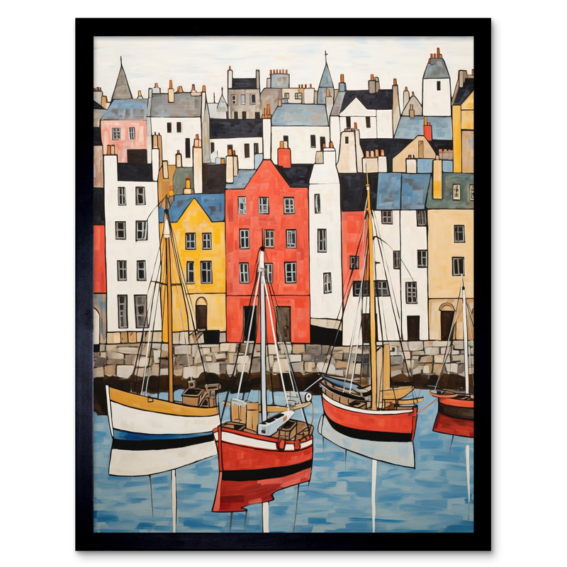 Colourful Town Harbour Painting Fishing Boats Coastal - Single Picture Frame Print