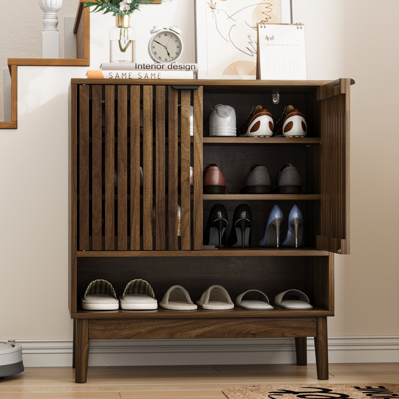 16-24 Pairs Shoe Storage Cabinet with Doors,Freestanding Shoe Organizer with Adjustable Shelves,Walnut, Brown Wood