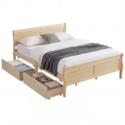 Cadre de lit grand format avec 2 tiroirs de rangement, lit plateforme en bois avec tête de lit