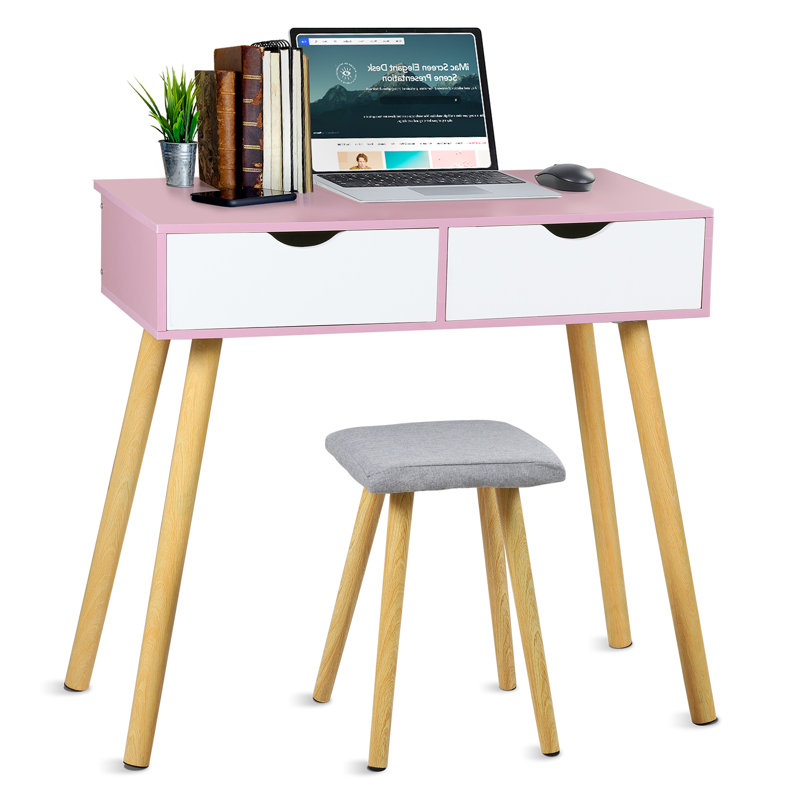 Ensemble coiffeuse en bois massif avec tabouret, Rose