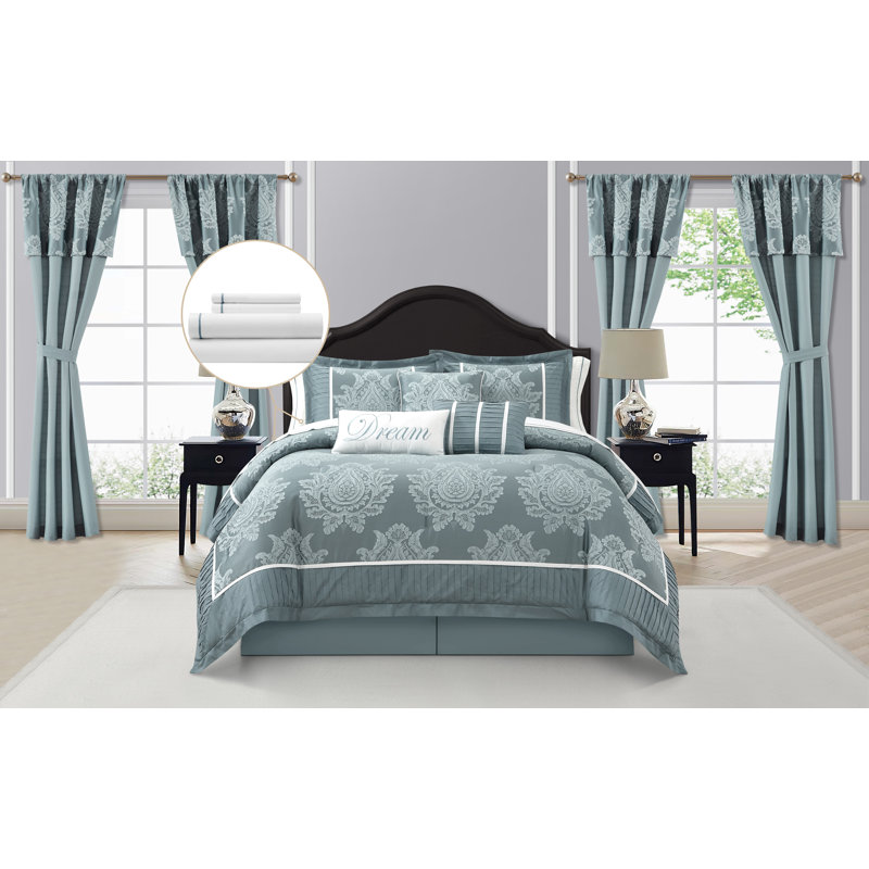Ensemble d'édredon en microfibre 15 pièces Therese, Très grand lit, Bleu