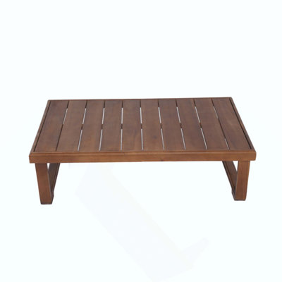 Table basse d'extérieur rustique en bois d'acacia avec un design à lattes et des pieds de traîneau durables, pour améliorer les rassemblements de patio