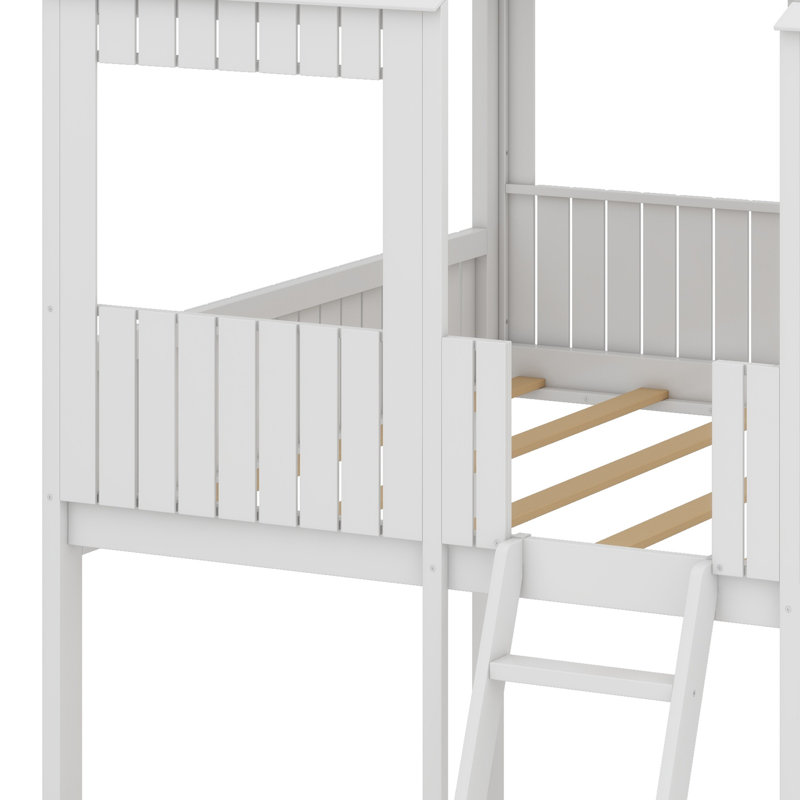 Wood Bunk Bed With Roof, Window, Guardrail, White