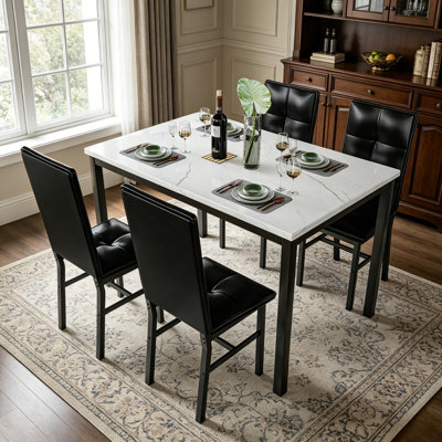 5-Piece Faux Marble Top Dining Table Set with 4 Tufted PU Upholstered Chairs, Rectangular Kitchen Dining Set with Black Metal Frame, Modern Small Spac