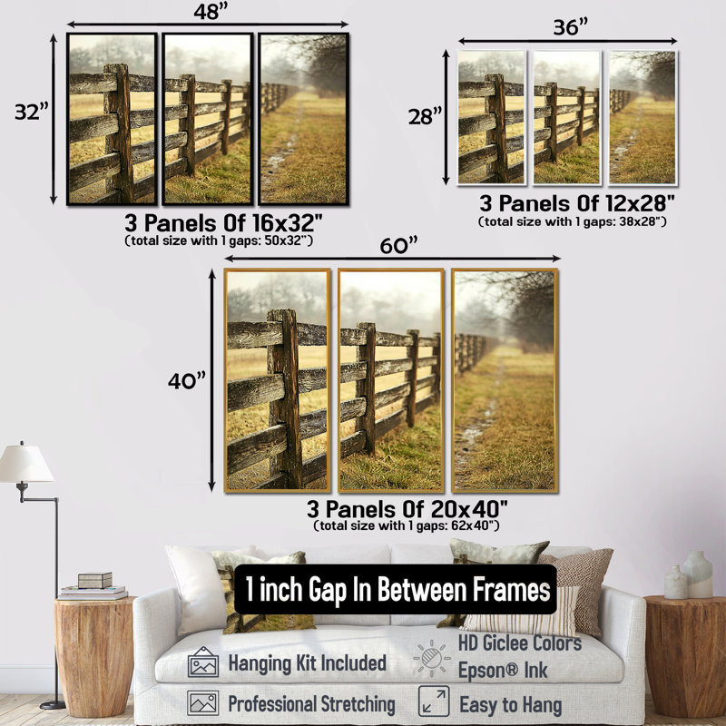 «Brown and Green Farm Landscape Rustic Fence», ensemble d'art mural de ferme, Toile naturelle avec cadre flottant