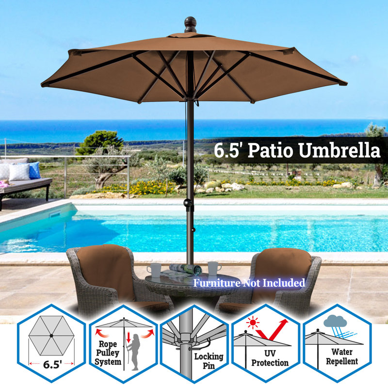 Parasol de patio 6,5 pi 6 poulies avec corde pour table de jardin, Brun
