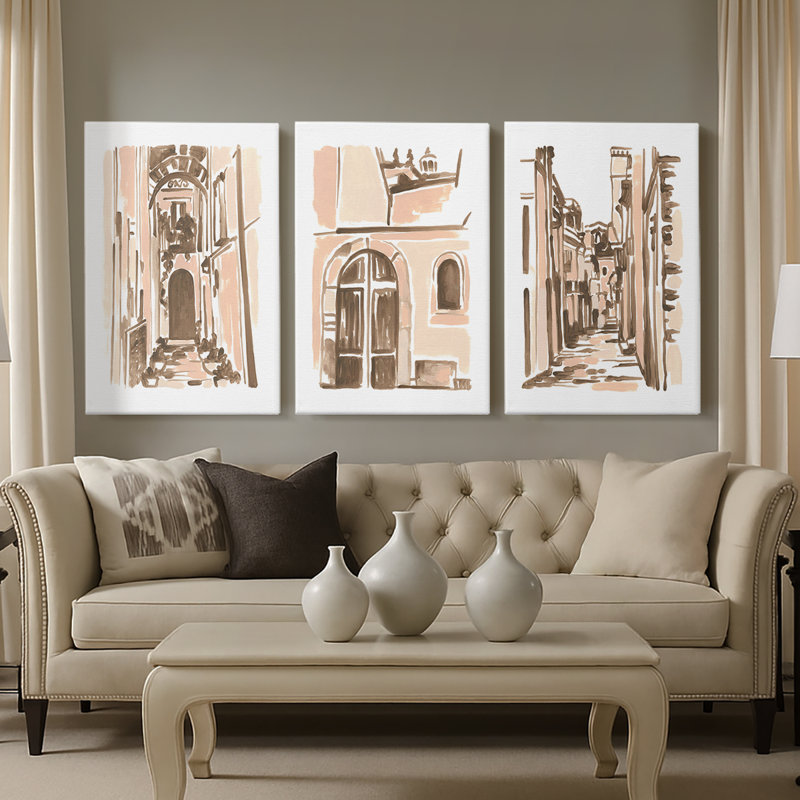 Blush Architecture Study IV  -Custom Wrapped Gallery Canvas - 3 Pieces, 12" H x 24" W