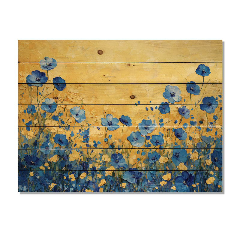 Blue Golden Wildflower Meadow Scenery III - Wildflowers Wood Wall Decor - On Natural Pine Wood, 24" H x 32" W x 0.78" D