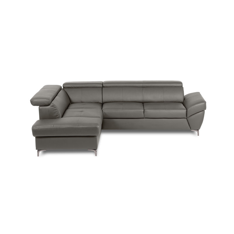 CAPRI Genuine Leather Corner Sofa with Pull-Out Bed and Storage and Adjustable Headrests, Left Hand Facing, Dark Grey