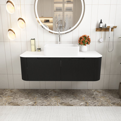 Meuble-lavabo mural 48 po pré-assemblé en grain de bois noyer foncé avec lavabo rectangulaire en céramique blanche