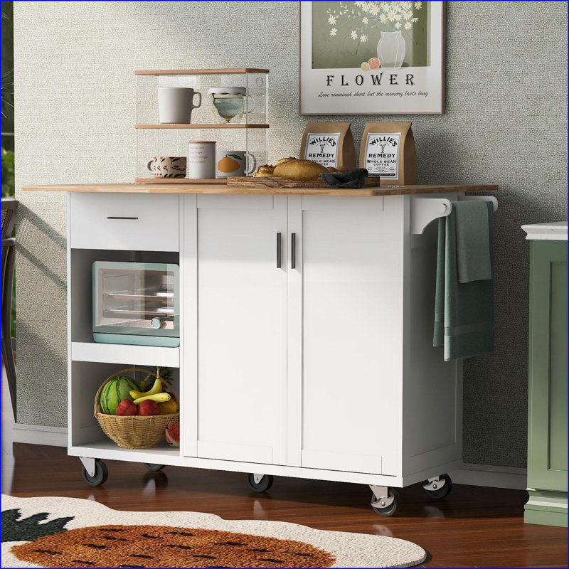 Îlot de cuisine avec plateau pliable, rangement et amp; Roues verrouillables, blanc neige | Bois aggloméré, bois d'hévéa | Moderne