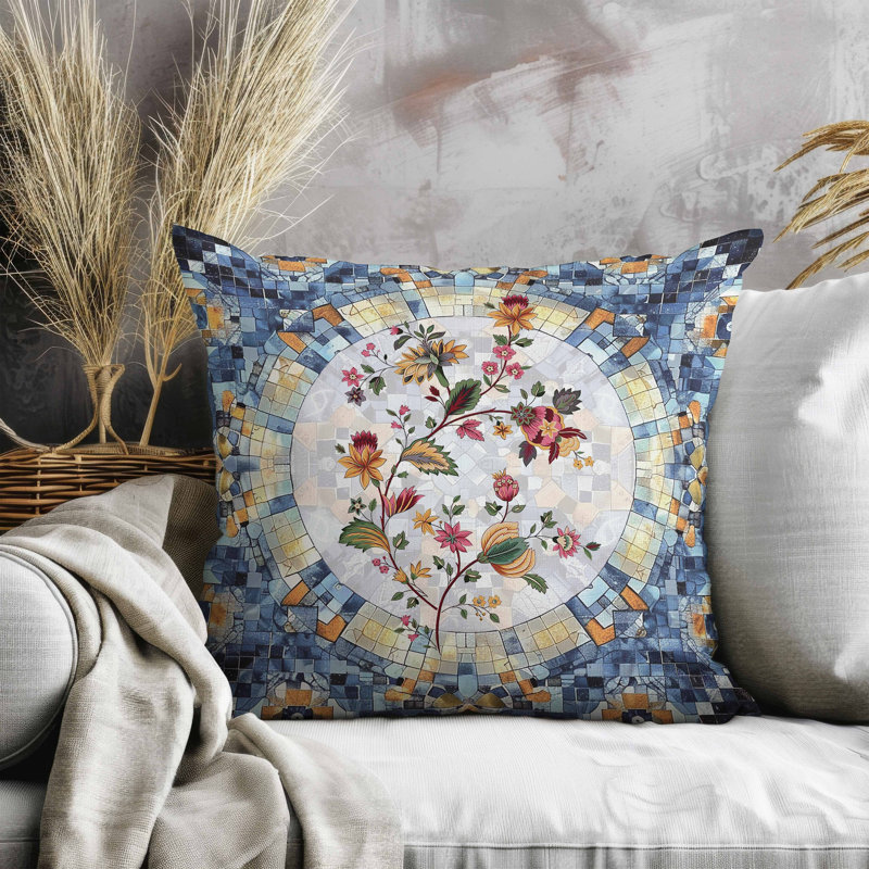 Oreiller en faux suède Botanical Mosaic, Bleu / Orange, Carré 16 po
