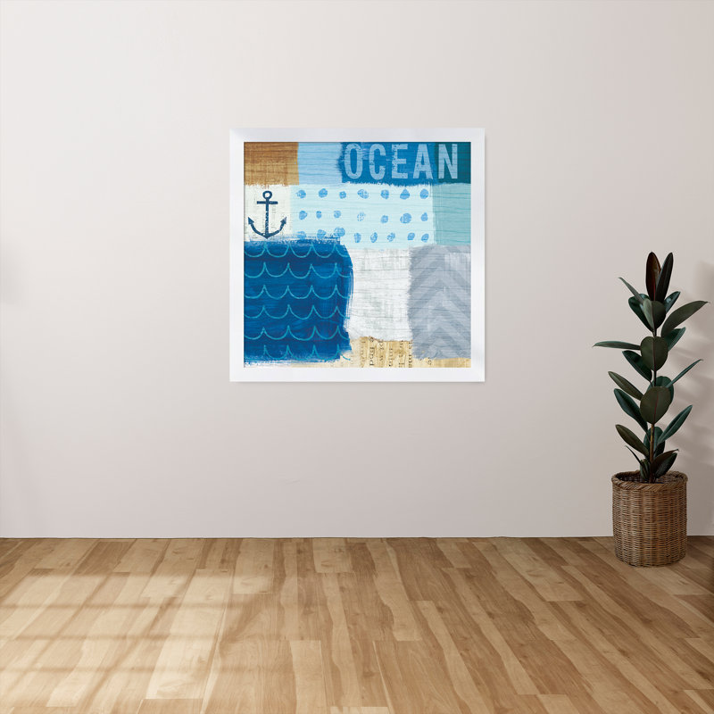 «Beachscape Collage II», art textuel sur toile, H 31,5 po x l 31,5 po x P 1 po, Cadre blanc