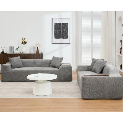 Ensemble 2 pièces avec coussins confortables - revêtement Boucle, 3 places, table de bout, siège gris foncé et revêtement relaxant