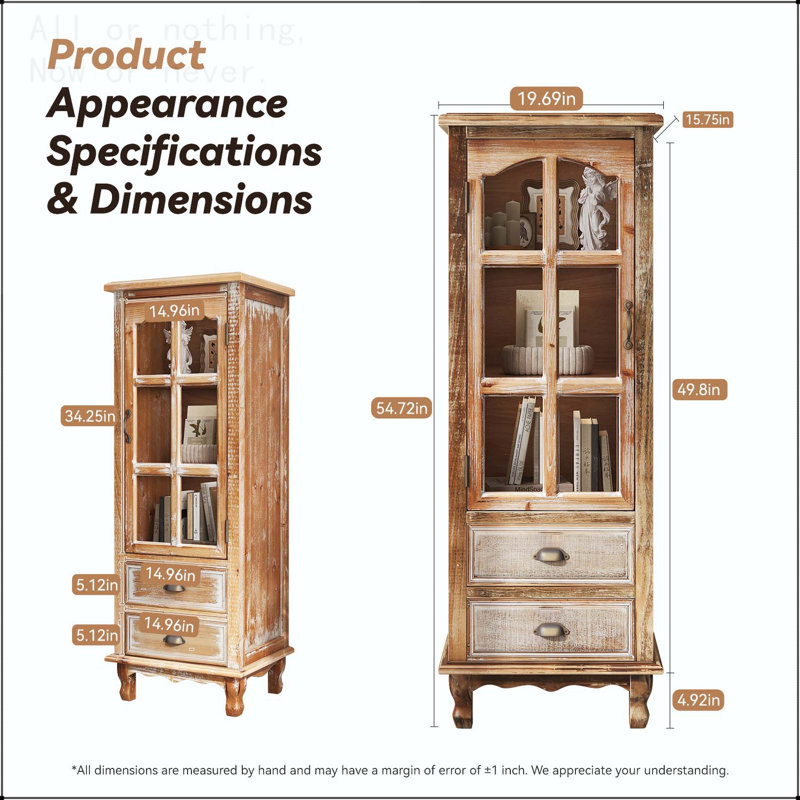 Armoire de rangement en bois rustique avec porte découpée et 2 tiroirs, Blanc ancien
