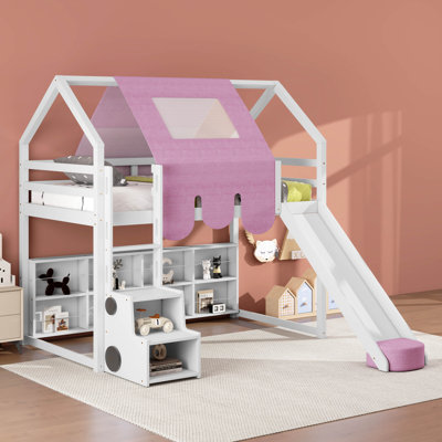 Twin Size Wooden Loft Bed House-Shaped Frame With A Tent, Wood Playhouse Bed Frame