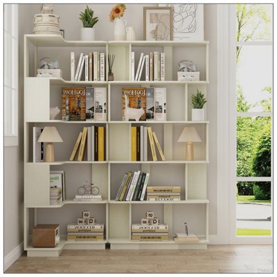 Ensemble de 2 bibliothèques combinées pour économiser de l'espace 55cm plus 80cm de longueur couleur chêne blanc et 4 autres couleurs pour l'option, 2 bibliothèques de groupe en forme de L x 1 + bibliothèque en forme de I x 1