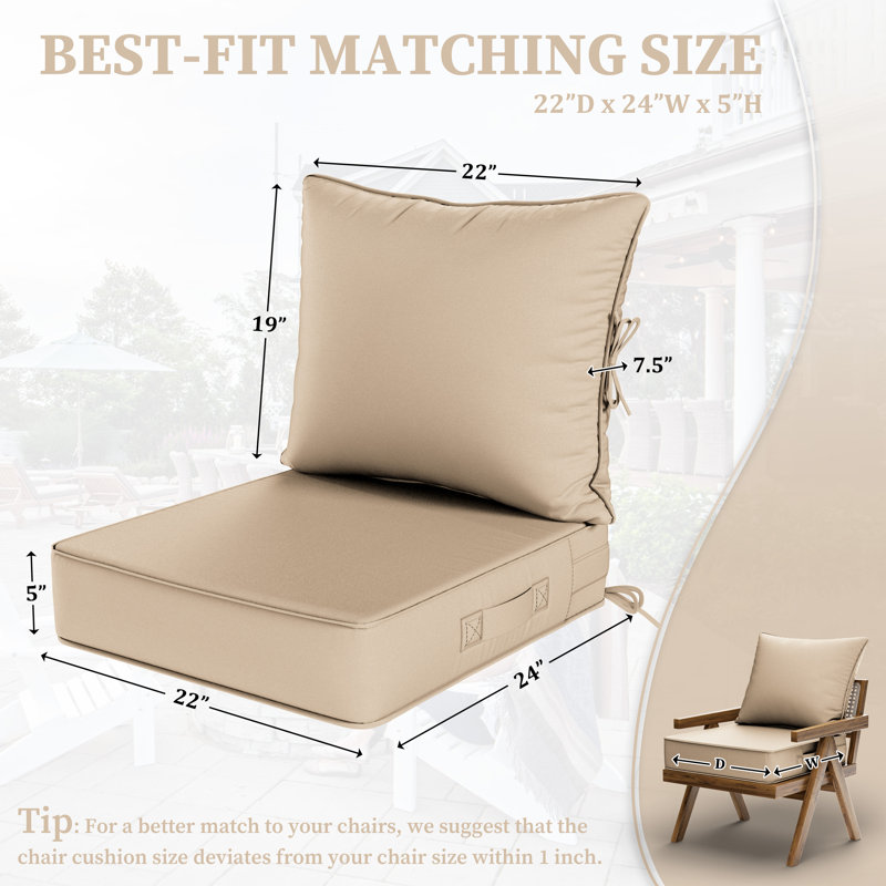 Outdoor Deep Seating Cushion Set Indoor And Outdoor Seat / Back Cushion, Sand, 22" W x 24" D