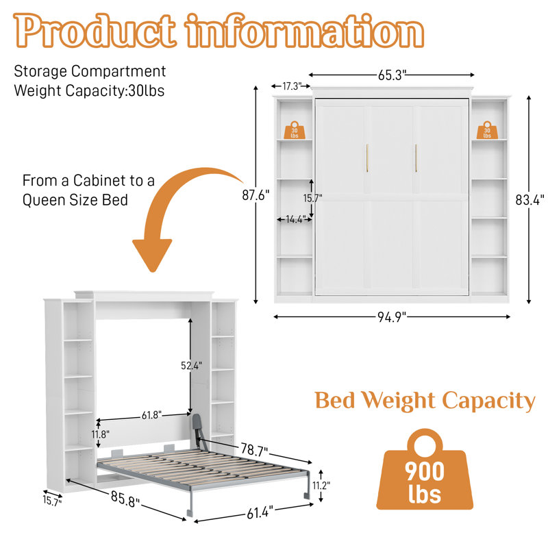 Murphy Bed Space-Saving Wall Bed With Storage Shelves, White, Queen