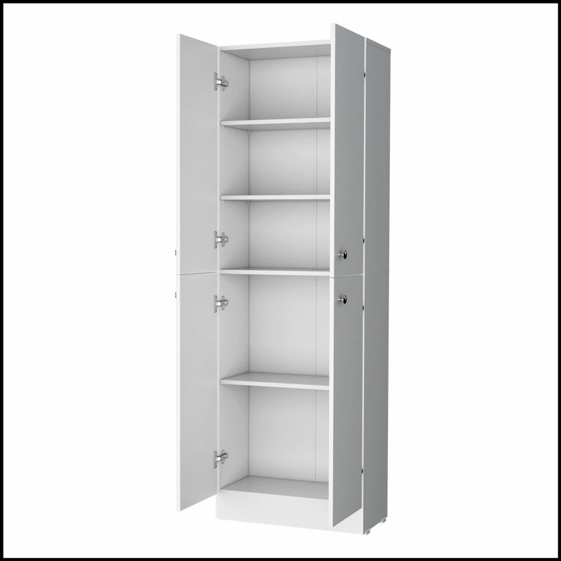 Garde-manger avec 4 portes et 5 tablettes cachées, parfait pour un rangement de cuisine organisé et élégant, Blanc