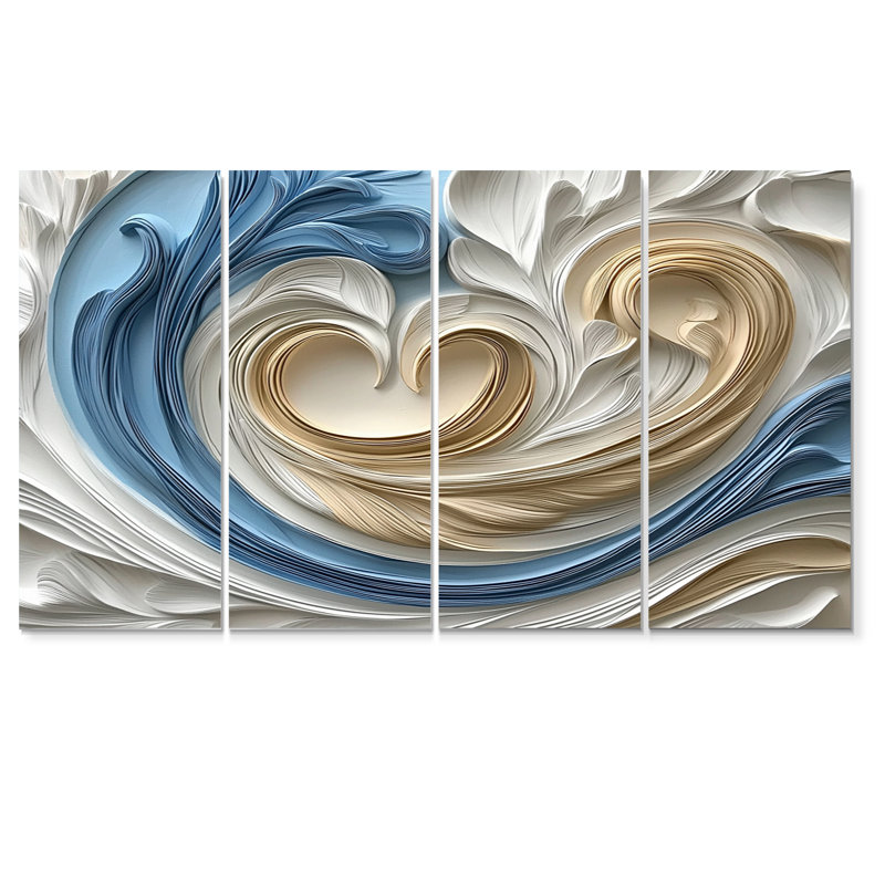 «White Spiraling Hearts Accents With Blue I», ensemble d'art sur toile à spirales abstraites, H 32 po x l 64 po