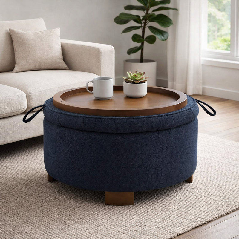 30" W Tufted Round Storage Ottoman With Reversible Lid, Navy