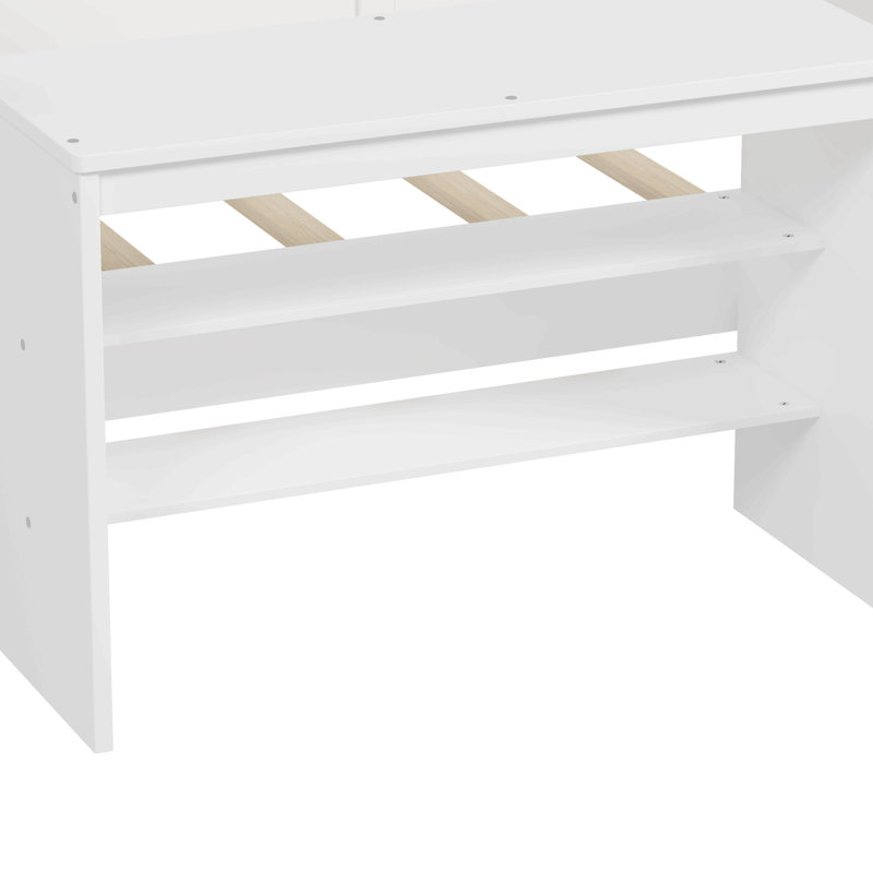 Lit de jour simple en bois avec tablettes de rangement et casiers, lit multifonctionnel avec bureau d'étude et tabouret assorti