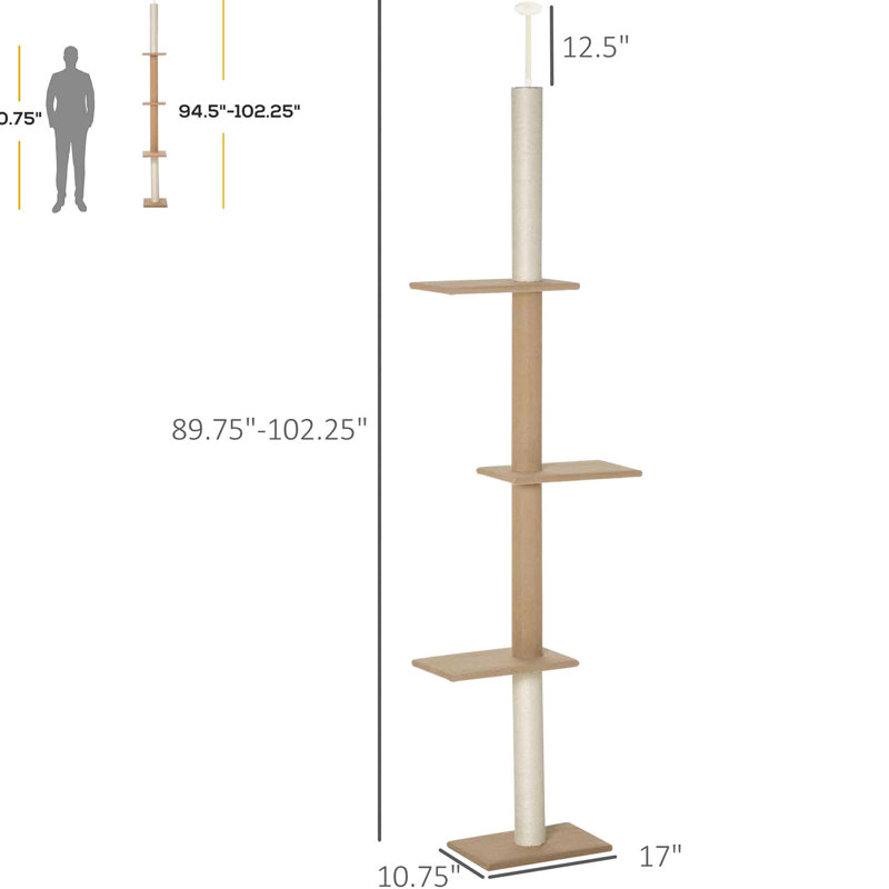 Centre d'activité pour arbre à chat de 8,5 pieds de hauteur, quatre plateformes de saut, une surface douce et une tringle pour une installation sécuritaire du plancher-plafond avec utilisation stable