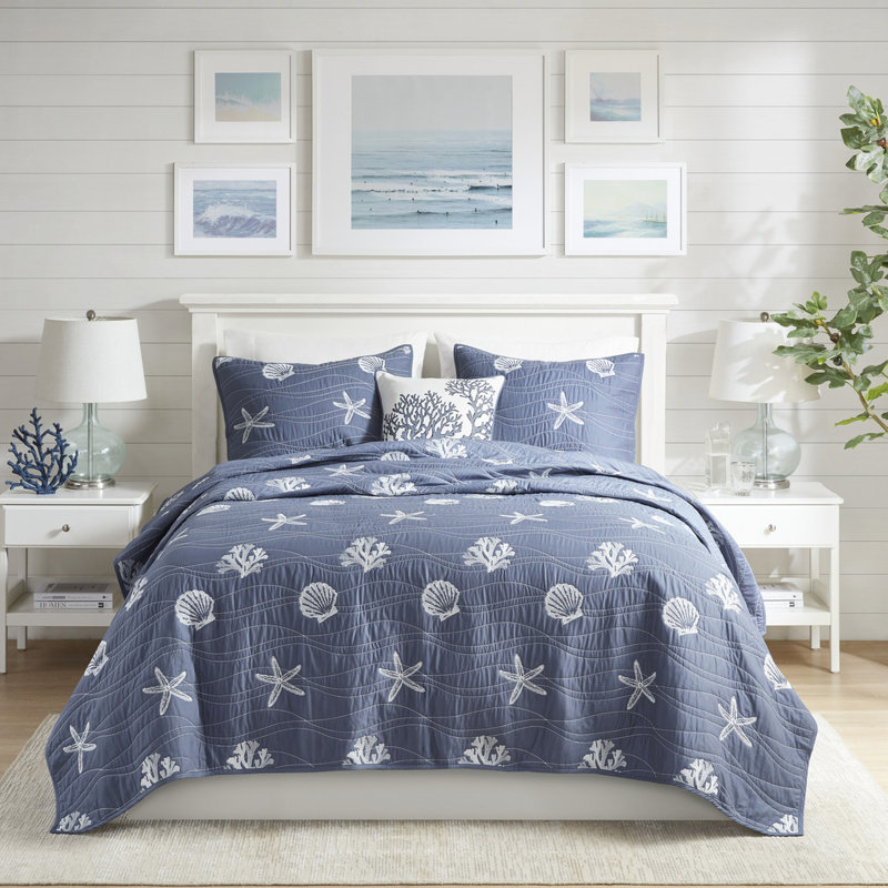 Couette réversible en coton bleu marine, grand lit/queen, motifs de coquillages brodés, rembourrage décoratif, entretien facile, lavable à la machine
