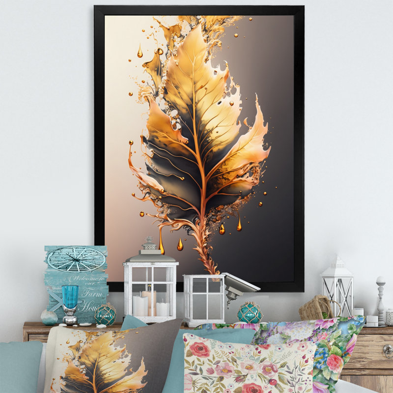 «Gold Abstract Leaves II», impression sur toile, Toile encadrée noire à coins fermés, H 32 po x l 16 po x P 1 po