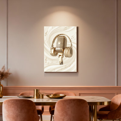 Microphone rétro et écouteurs avec notes de musique, reproduction d'art sur toile tendue sur toile, ensemble de 1