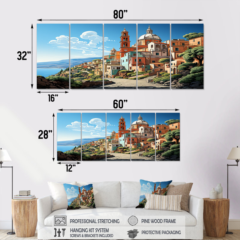 «Italian Village By The Coast II, 5 pièces», 5 pièces, H 28 po x l 60 po