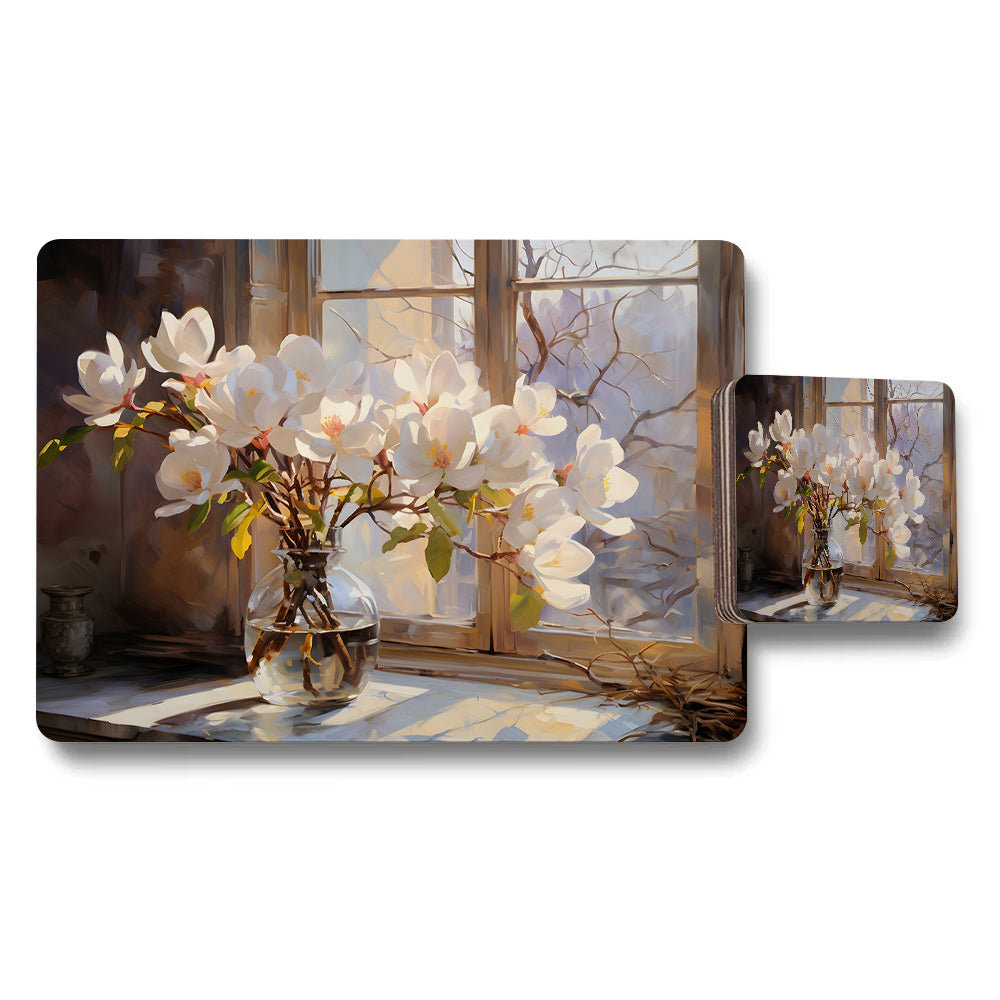 Elegant Magnolia Window Scene Table Placemat And Coaster Set