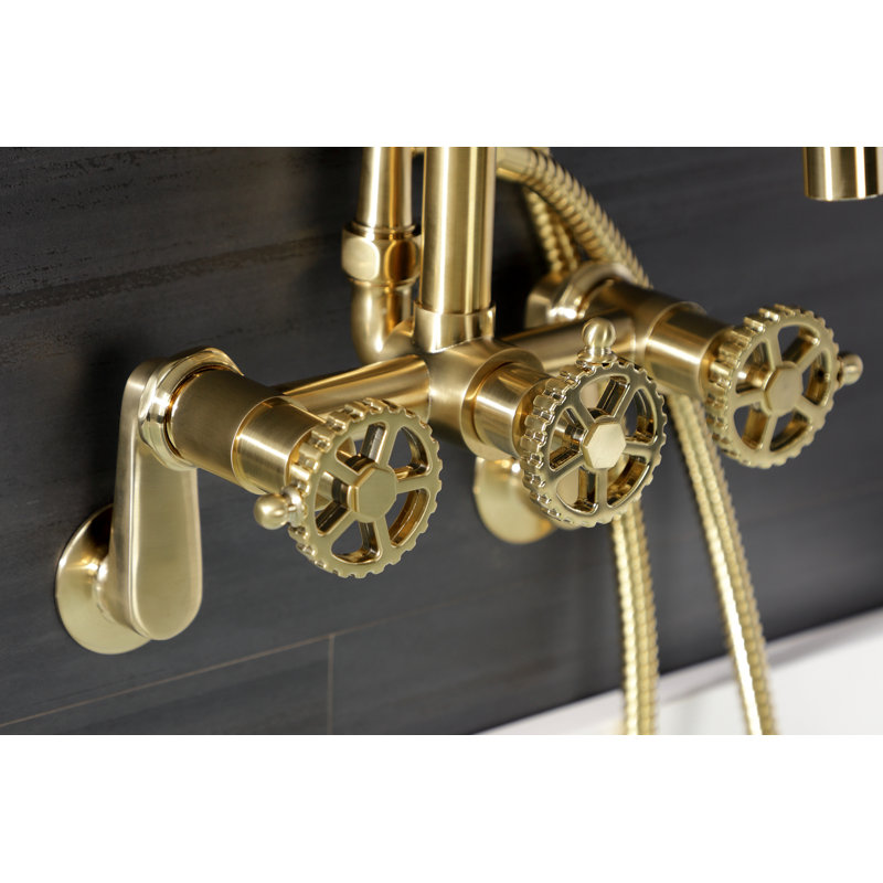 Kingston Brass Fuller Three-Handle 2-Hole Wall Mount Clawfoot Tub Faucet with Hand Shower, Brushed Brass