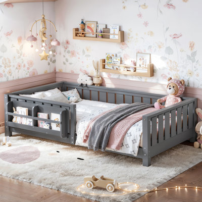 Full Size Kids Floor Bed With Fence And Built-in Bookshelf,Full Size Montessori Floor Bed With Slats And Safety Guardrail,Easy Assemble Montessori Beds for Kids,Gray