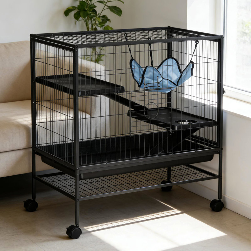Cage à roulettes avec 3, 2 portes, rampe et tablette de rangement, pour petits animaux sur roues, structure à niveaux, articles pour animaux de compagnie, plateau suspendu facile à nettoyer, noir