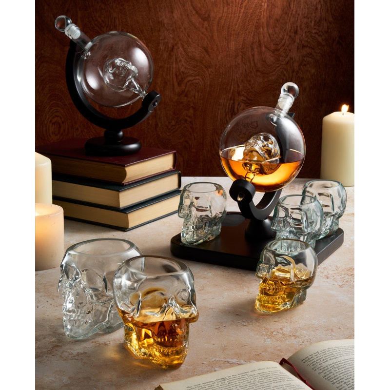 Clear and Dark Wood Skull 5-Piece Whiskey Decanter Set