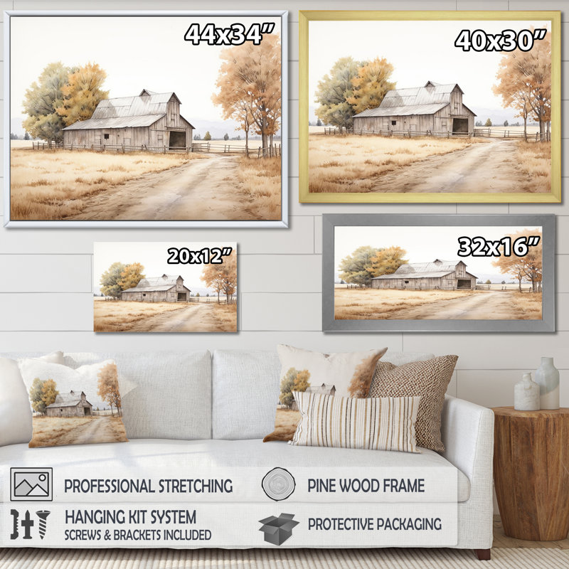 Paysage de grange, minimalisme, paysage - art mural de grange, Cadre flottant blanc, H 24 po x l 32 po x P 1 po