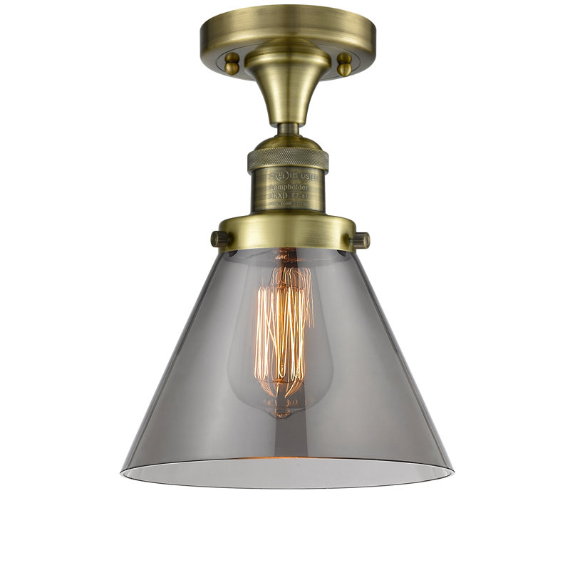 Cone 1 Light Semi-Flush Mount, Antique Brass, Smoked