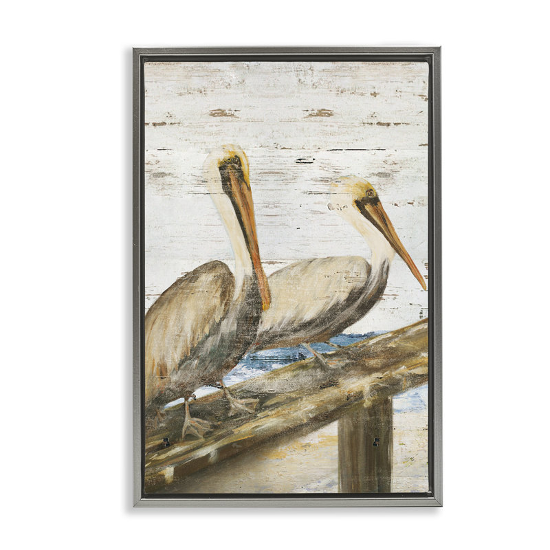 «Rustic Pelicans Perché» par Julie DeRice, H 25 po x l 17 po, Cadre flottant gris lustré